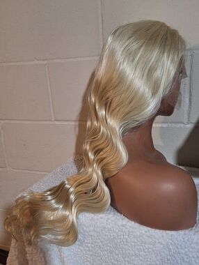 Long Blonde Wavy Women's Wig - Natural 100 Percent Pure Human Hair Wig. 24 Inche